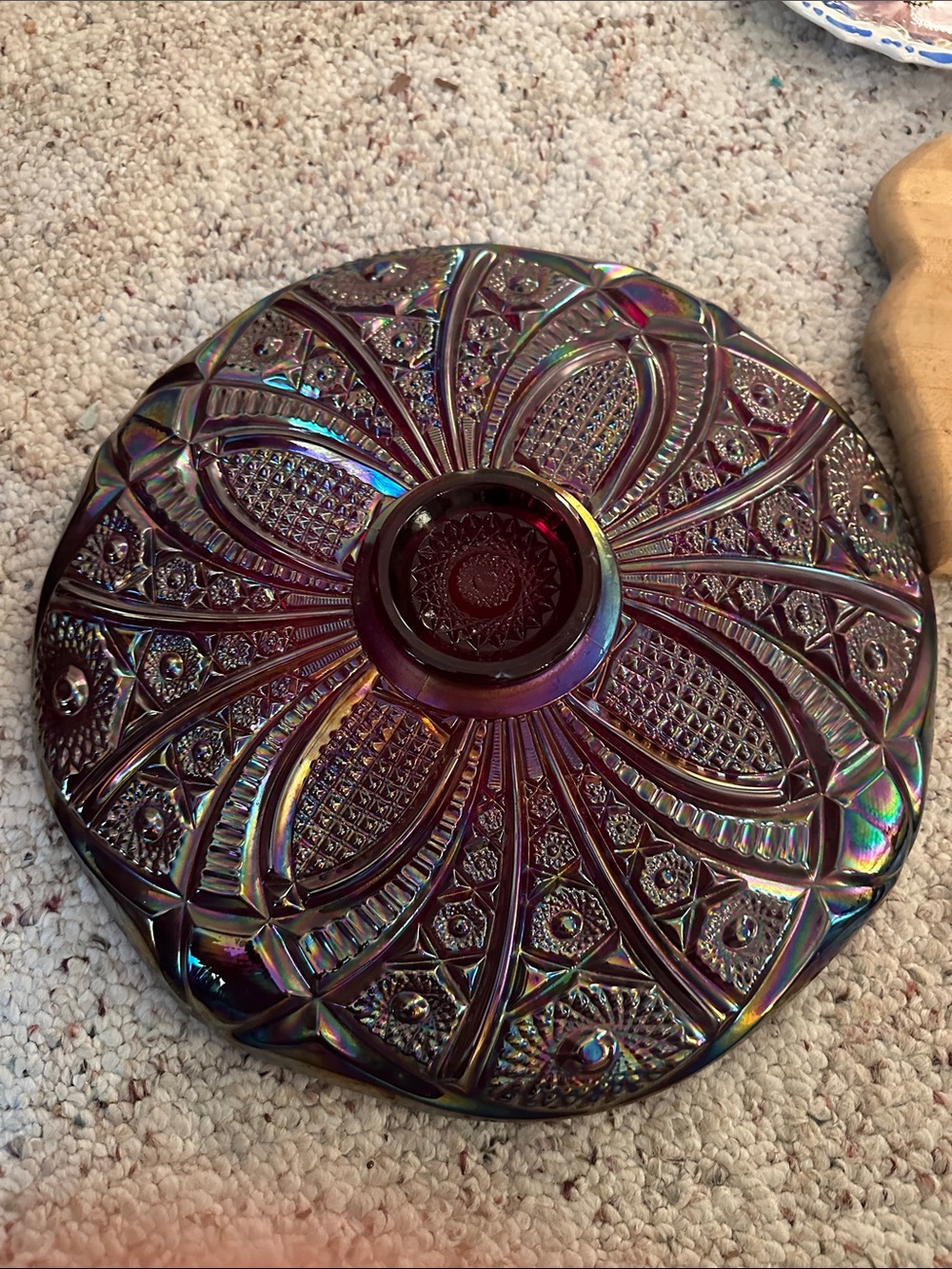 Vintage Indiana Glass Company "Heirloom" Sunset Red Carnival Glass platter